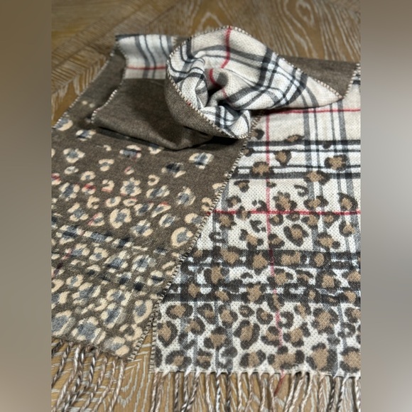 Cashmink Plaid and Cheetah Print Scarf in cream, brown, grey and red - Picture 3 of 9